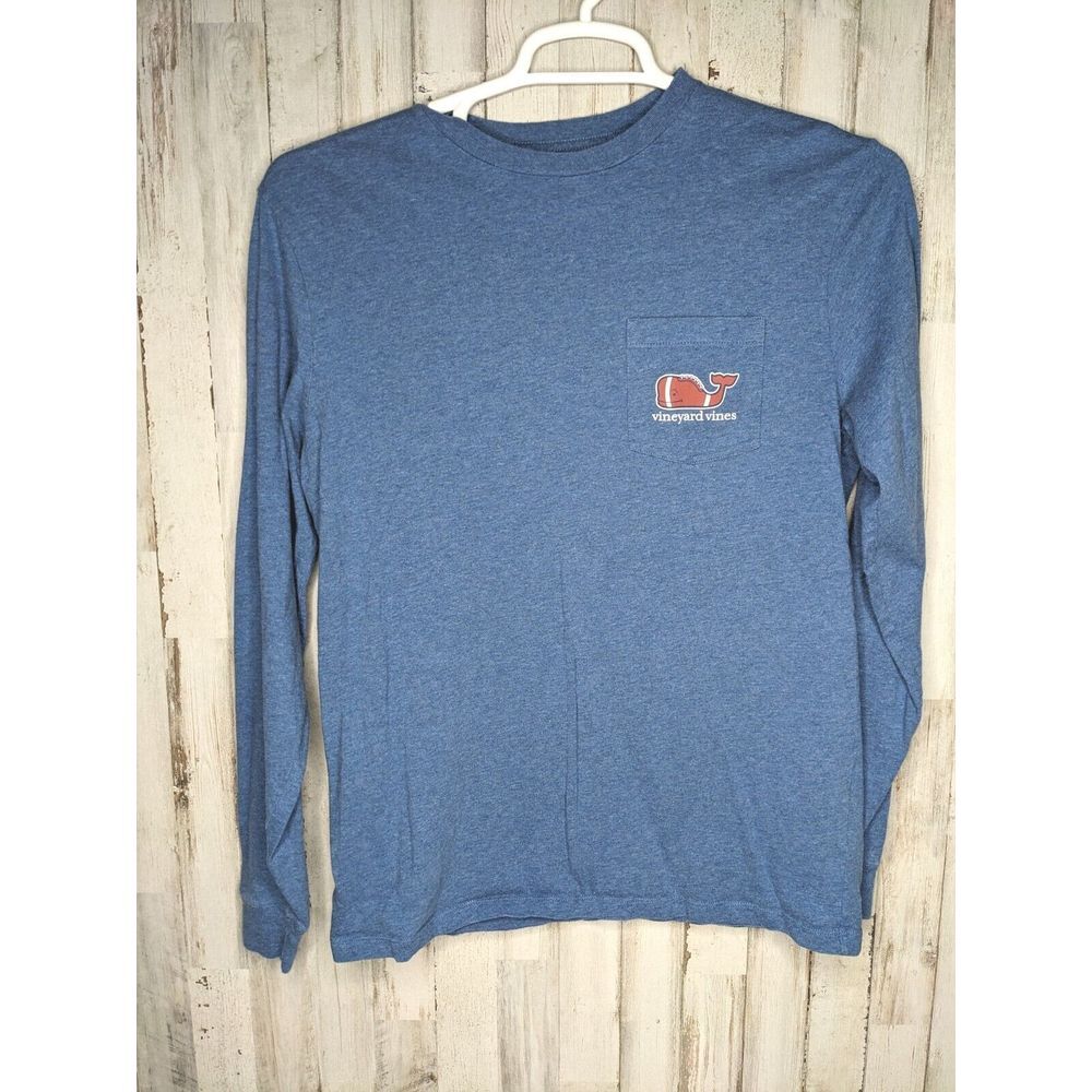 Vineyard Vines Blue L/S Football Whale Graphic Pocket T-Shirt Sz Small Men's